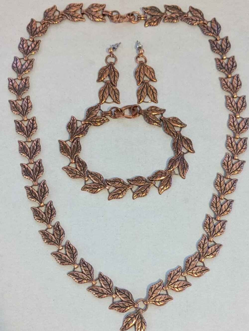 Vintage Genuine Copper Parure Leaf Motif Necklace, Bracelet Pierced Earrings